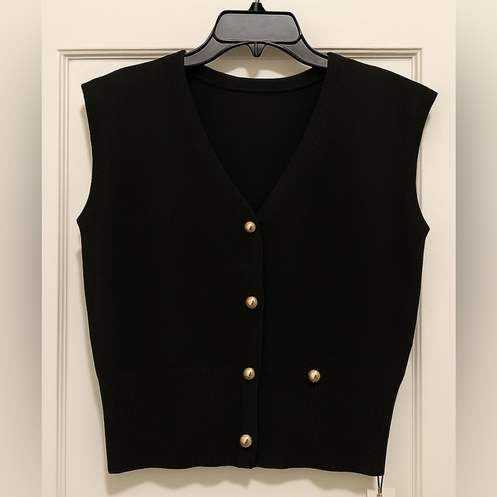 Commense Black Sleeveless Top with Gold Buttons